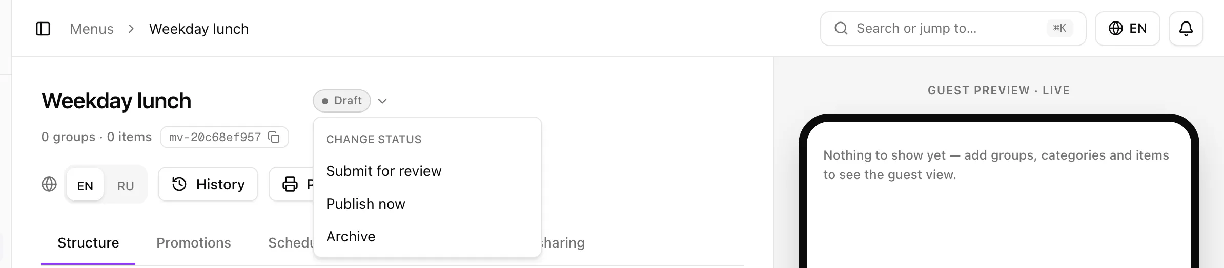 The status menu of a draft named Weekday lunch, offering Submit for review, Publish now and Archive.