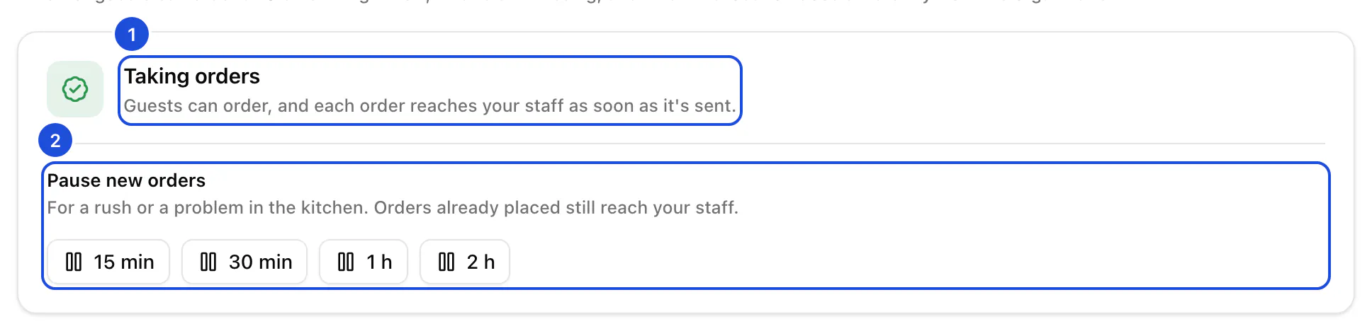 A location's ordering status, taking orders, with the four buttons that pause new orders.