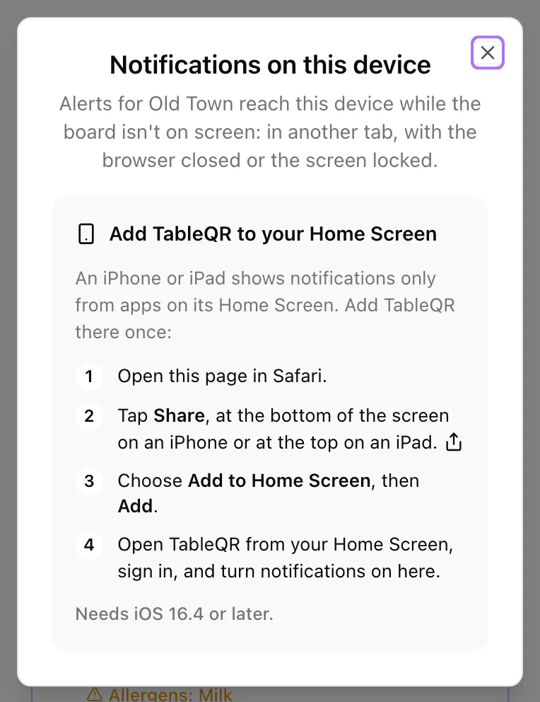 On an iPhone in Safari, the window explains how to add TableQR to the Home Screen.