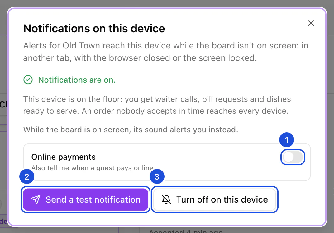 The Notifications on this device window with notifications on, the online payments switch and the test button.