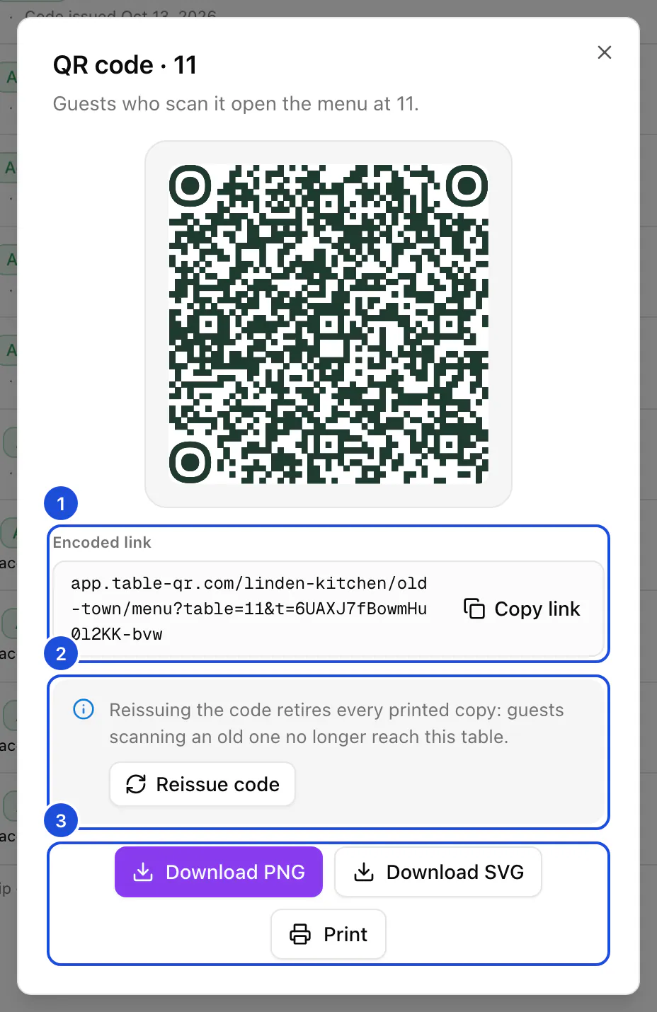 The QR code of table 11, with the link it opens and the buttons to download, print or reissue it.