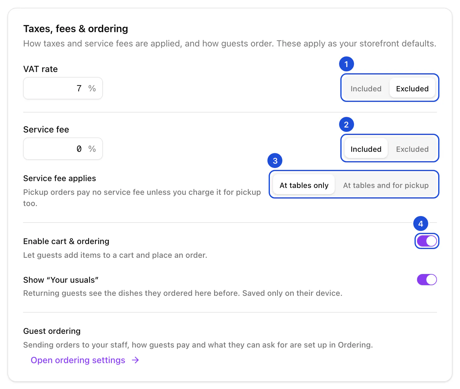 Organization settings, Taxes and tips: the VAT rate, the service fee and who pays it, and the cart switch.