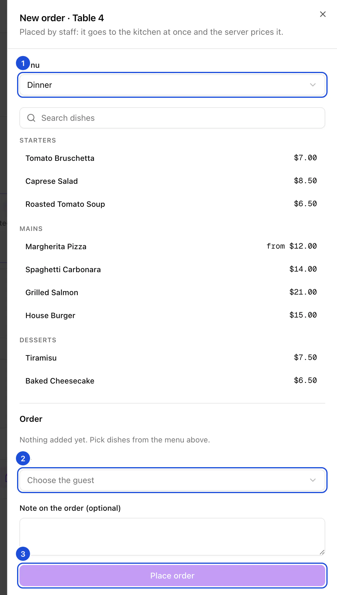 A new order for table 4: the Dinner menu with its dishes, who the order is for and the button that places it.