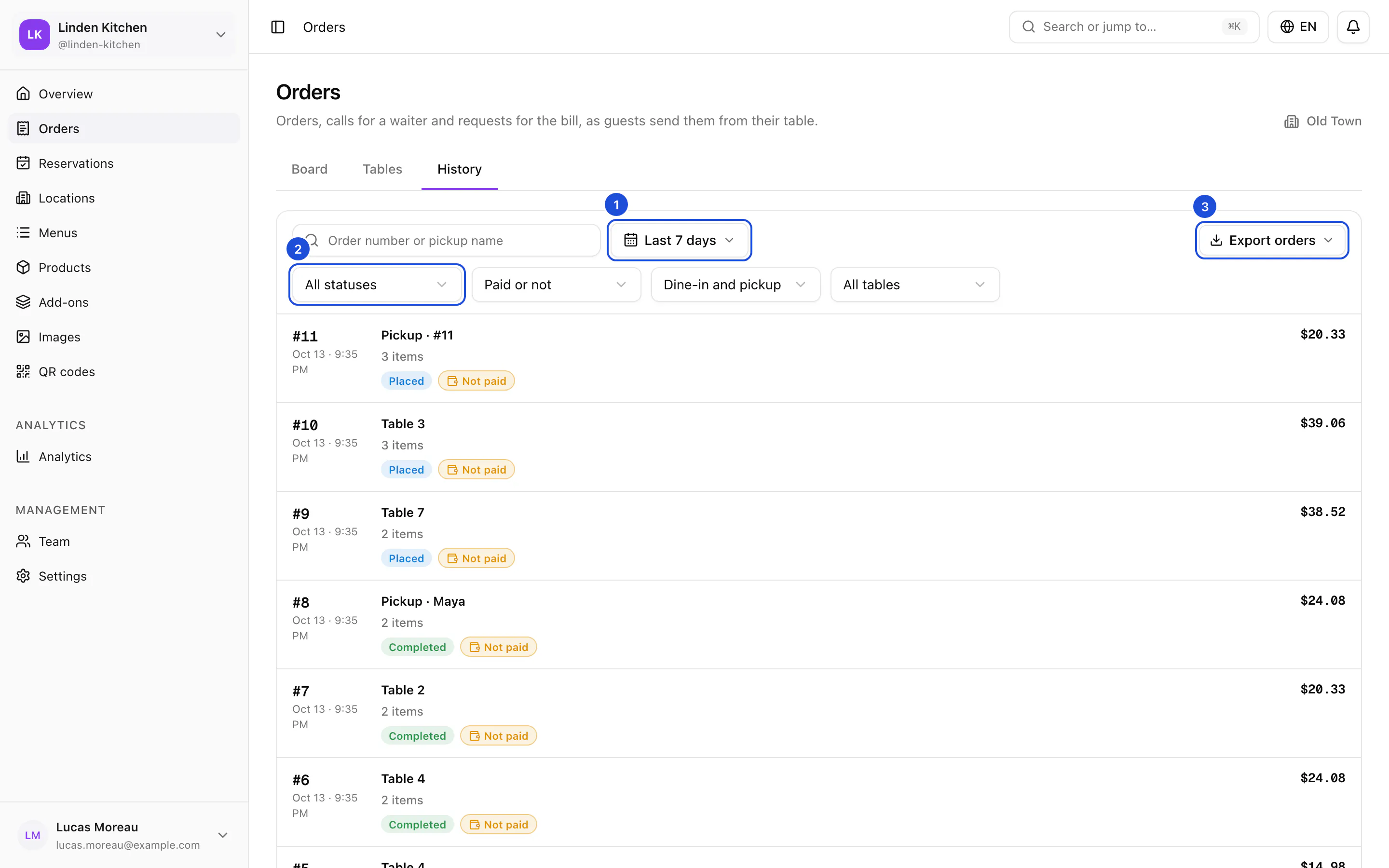The History view at Old Town: the search, the dates, the filters and the export button above today's orders with their tables, totals, statuses and payment.