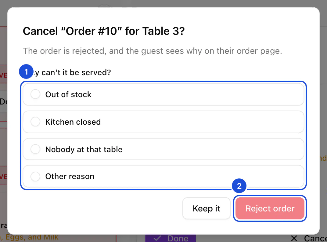 The dialog for rejecting table 3's order: the reasons the guest can be given, and the button that rejects it.