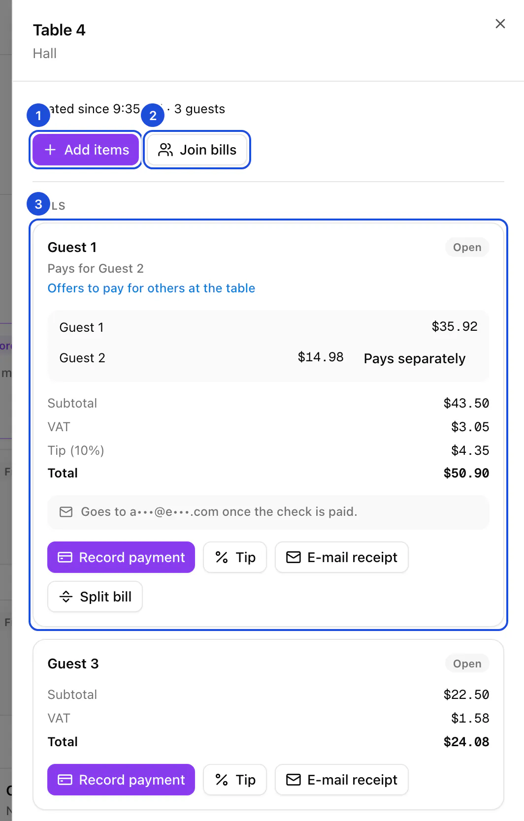 Table 4 opened: three guests, Guest 1 paying for Guest 2 with a tip, Guest 3 paying alone, and the buttons for each bill.