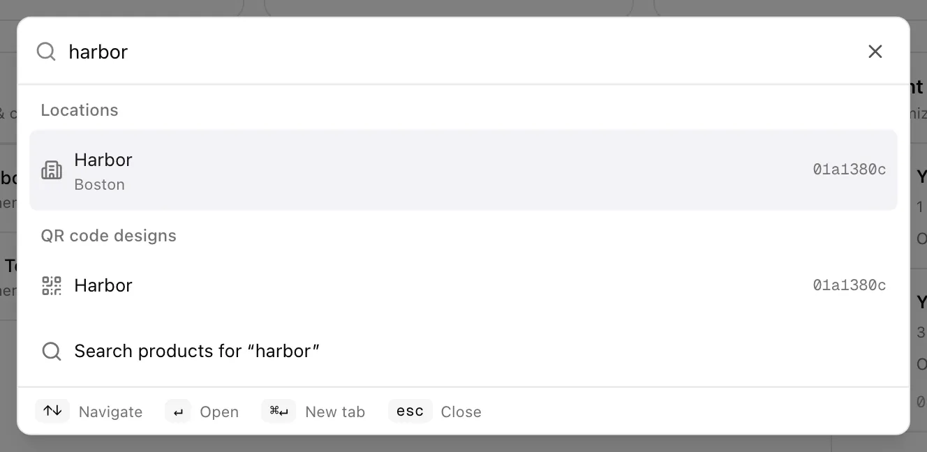 The search box open with “harbor” typed: the Harbor location and its QR code design, and a search of the products for the same word.