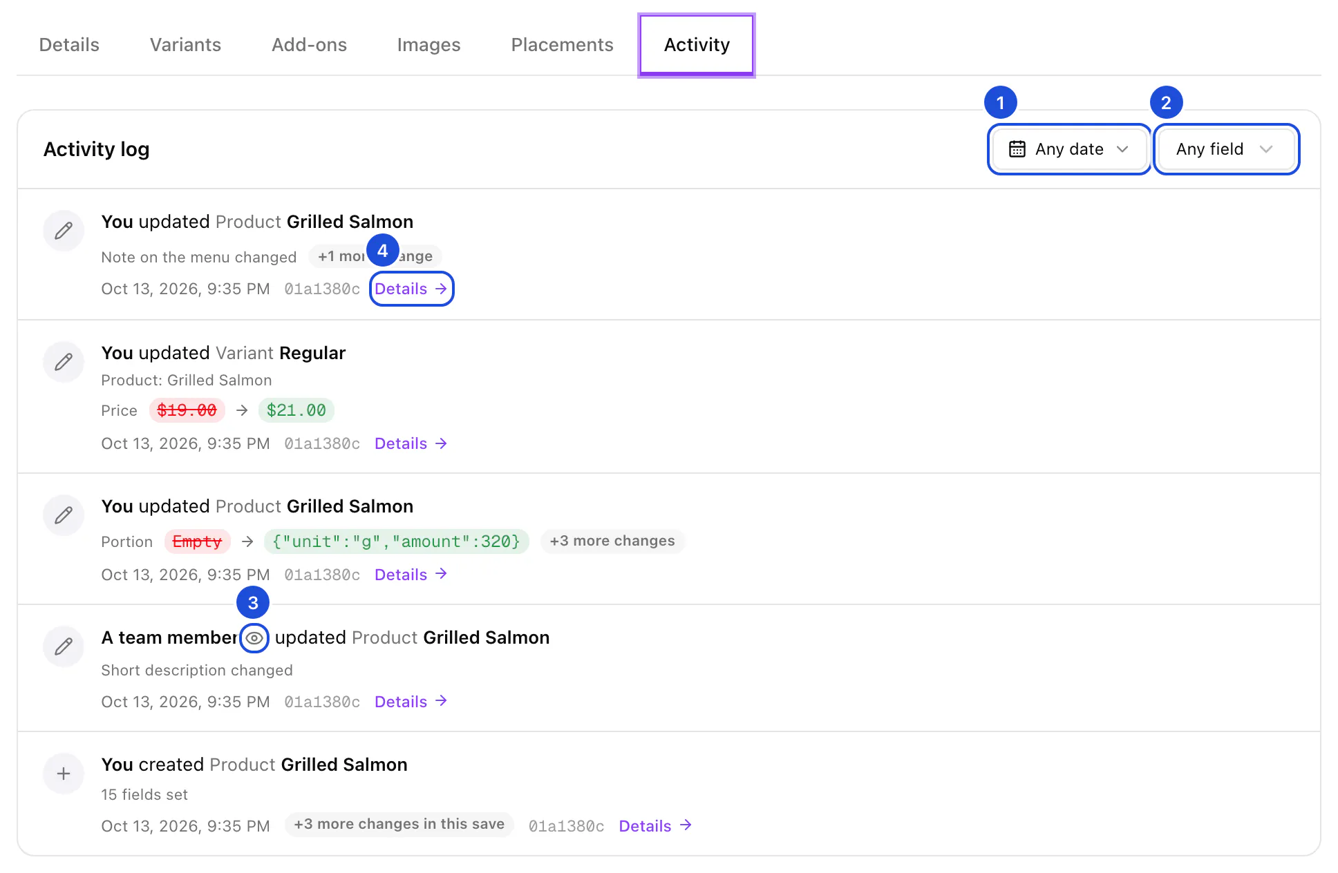 The Activity tab of a grilled salmon: a price raised from $19.00 to $21.00, its portion and nutrition added, a description changed by a team member, and the product's creation.