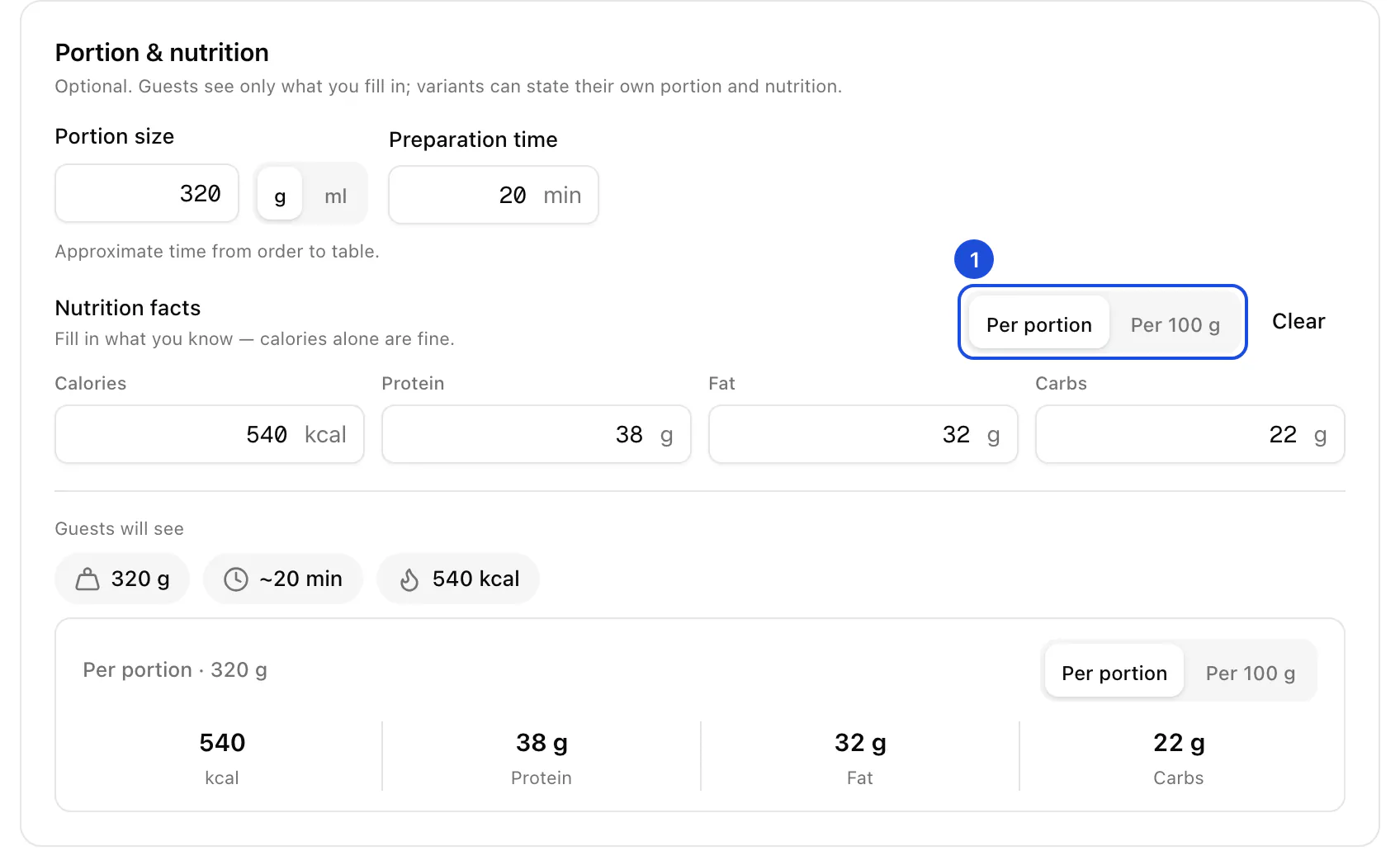 The Portion & nutrition section: a 320 g portion, 20 minutes to prepare, and calories, protein, fat and carbs stated per portion, with what guests will see.