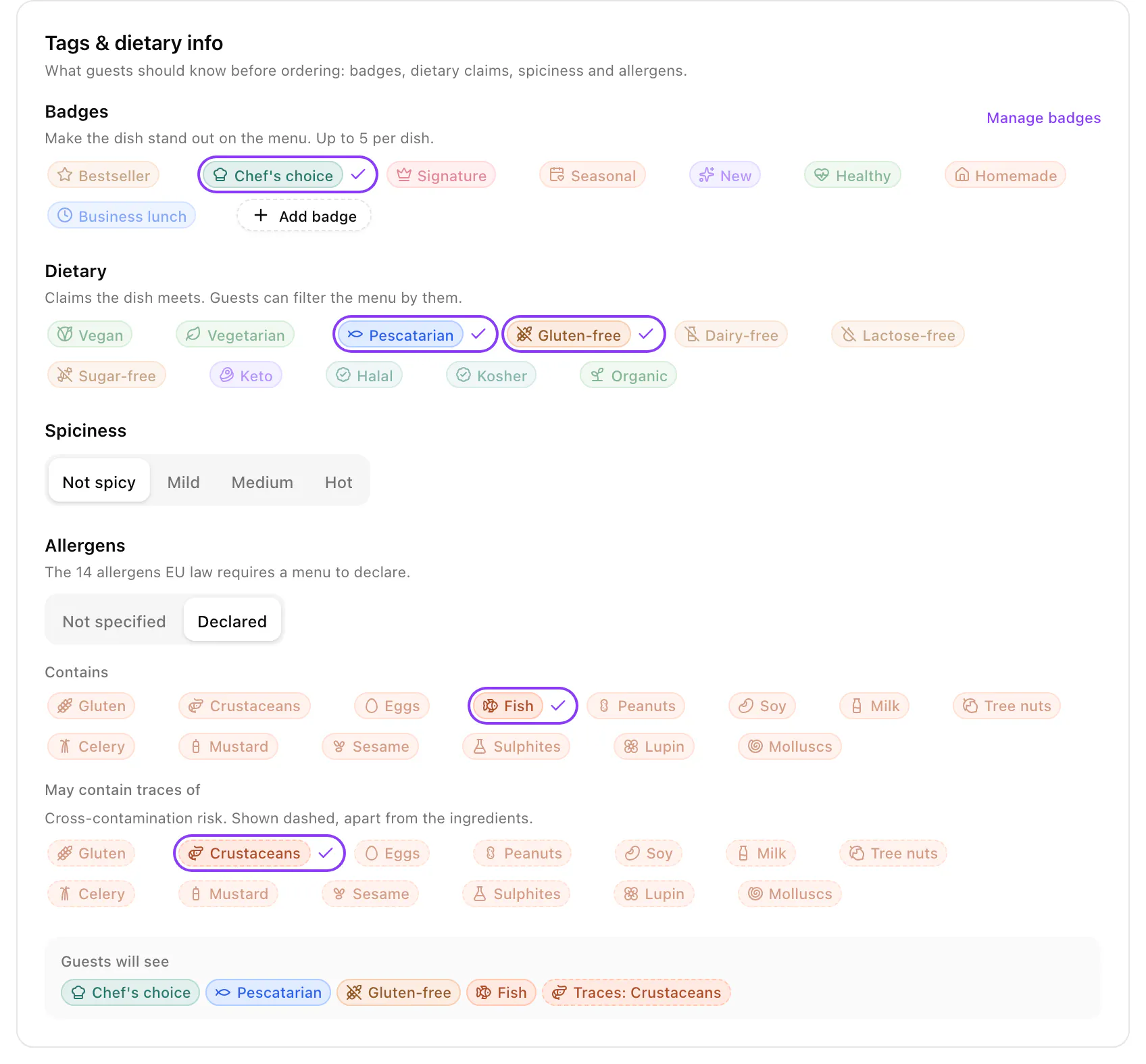 The Tags & dietary info section of a grilled salmon: Chef's choice badge, Pescatarian and Gluten-free, not spicy, fish declared and traces of crustaceans, with the preview of what guests will see.