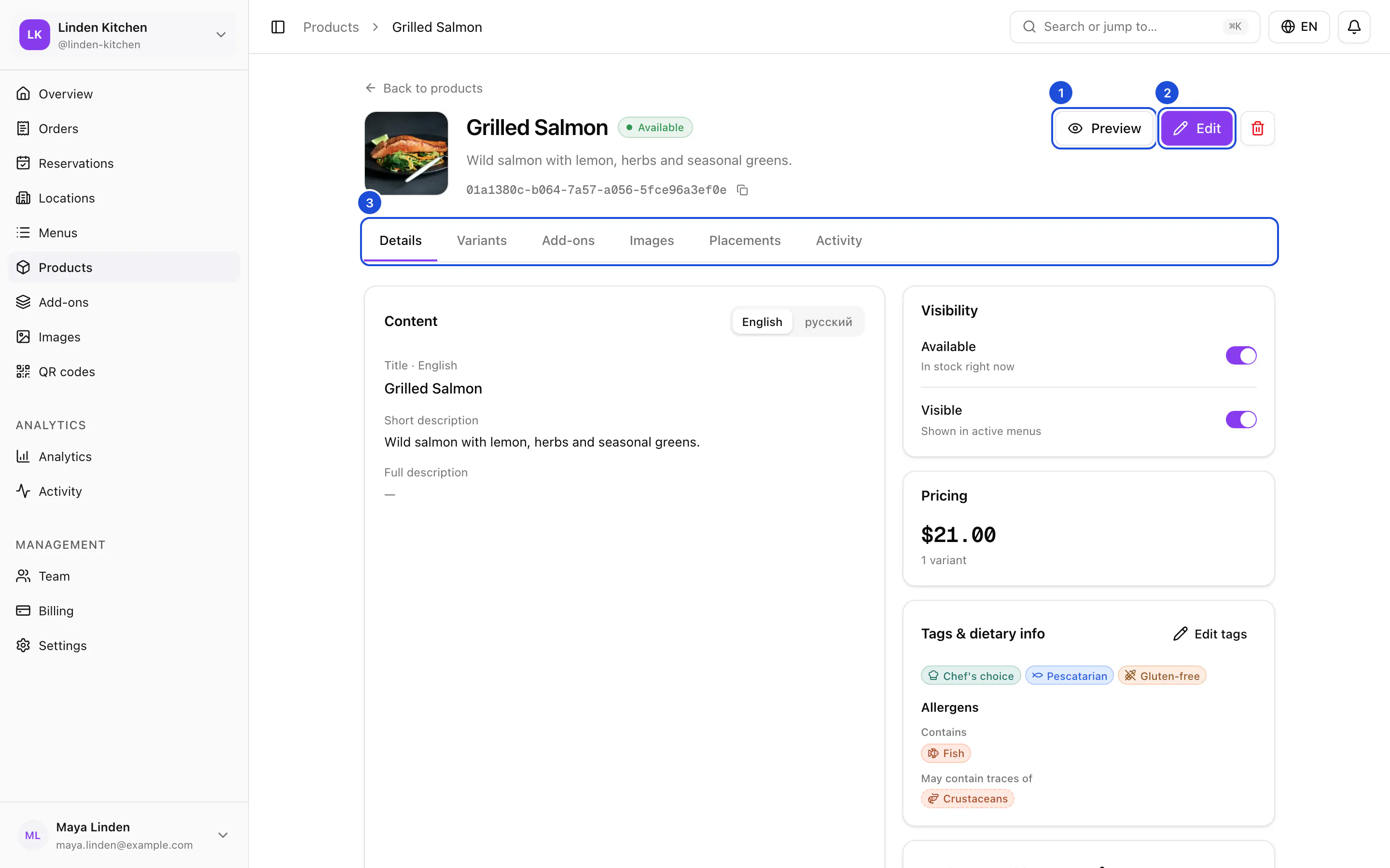 The Grilled Salmon page: photo, name and status, the Preview and Edit buttons, and the Details tab with content, visibility, pricing and tags.