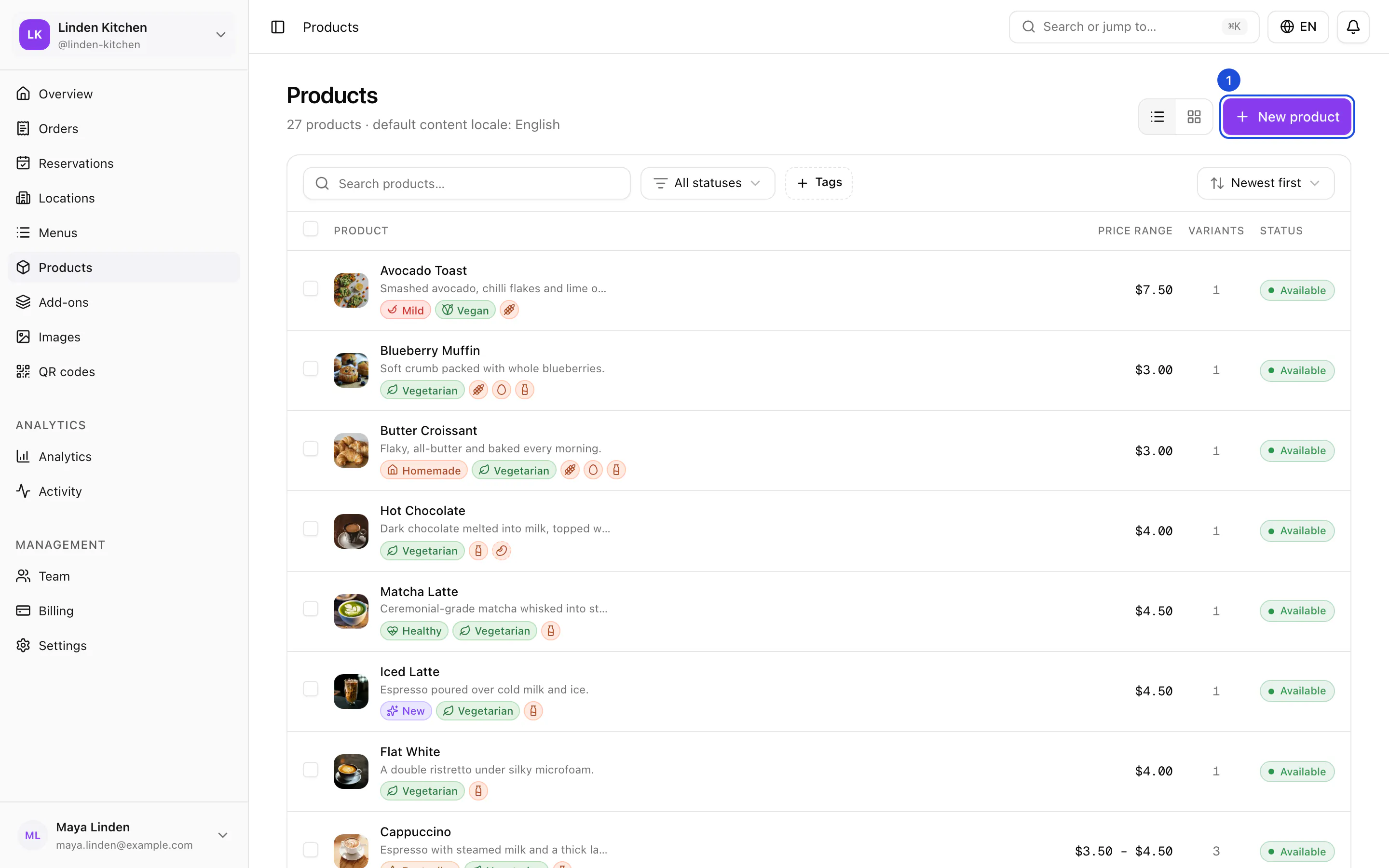 The Products page: a table of dishes with their photos, tags, price ranges and status, and the New product button.