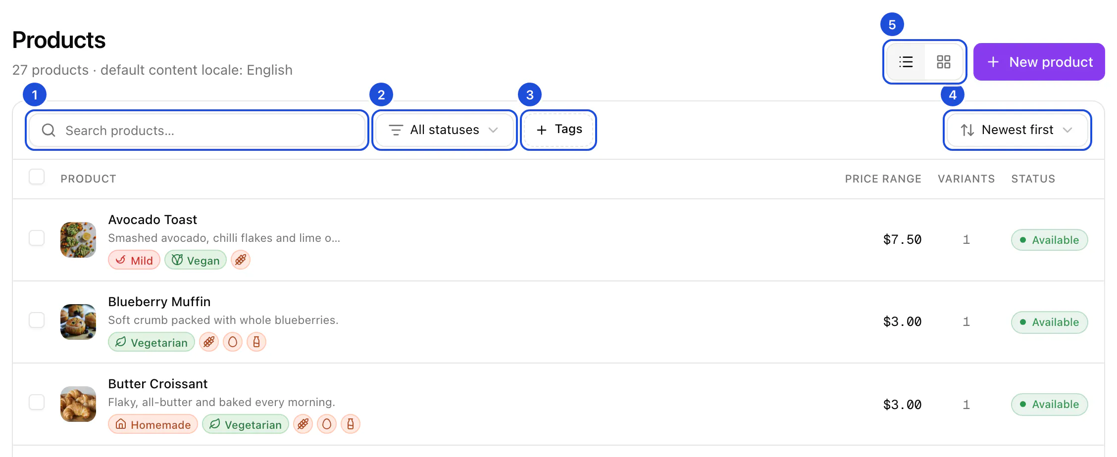 The Products list toolbar above the table: search, status filter, Tags filter, sort and the table or grid switch.