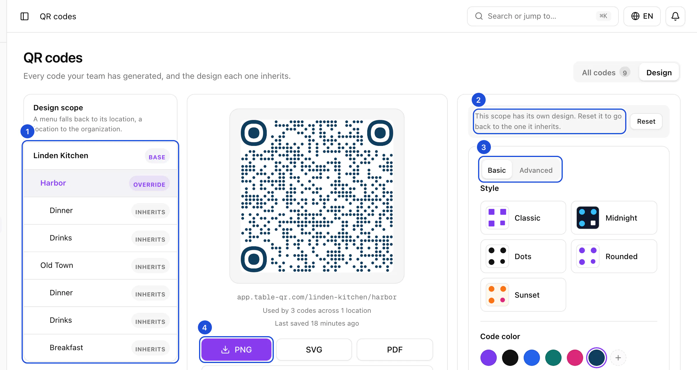The designer with the Harbor location selected: it has its own design, previewed as a dark blue dotted code, with the style controls beside it.