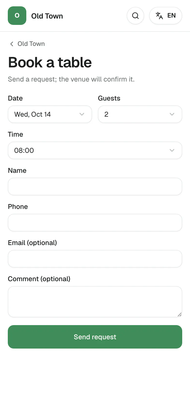 The Book a table page of the Old Town location on a guest's phone: the date, the number of guests, the time, then name, phone, email and comment, and the Send request button.