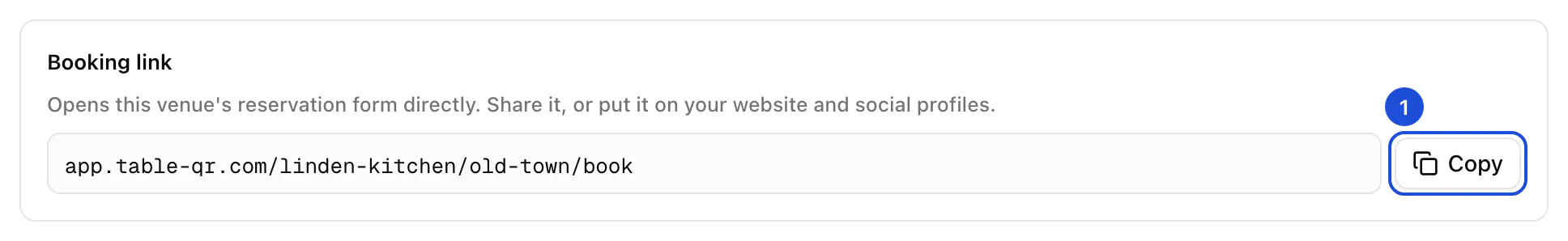 The booking link of the Old Town location, with its Copy button.