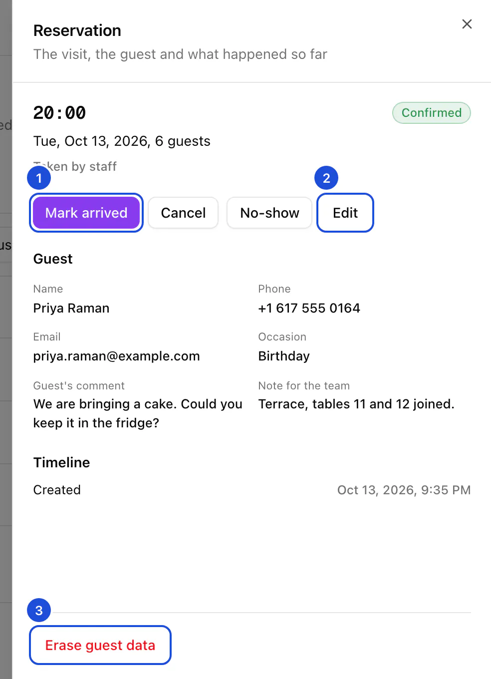 A confirmed reservation for six guests tonight: the guest's details and comment, a note for the team, the timeline and the buttons to move it on.