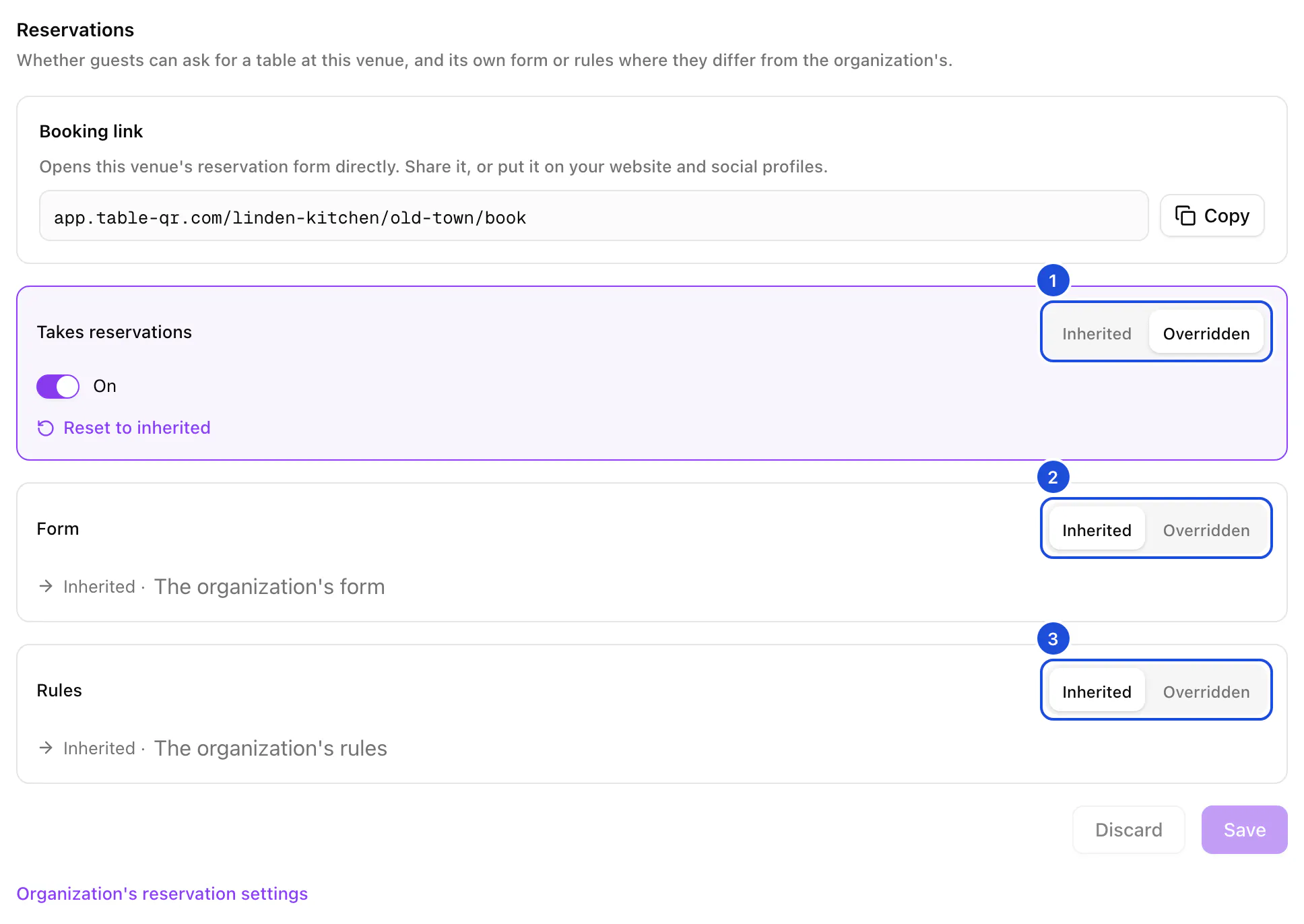 A location's Reservations tab: its booking link, reservations switched on for this location only, and the form and rules inherited from the organization.