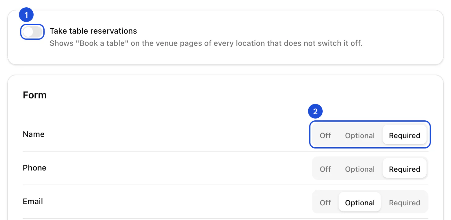 Settings, Reservations: the switch that takes table reservations, and the first questions of the form with their Off, Optional and Required choices.