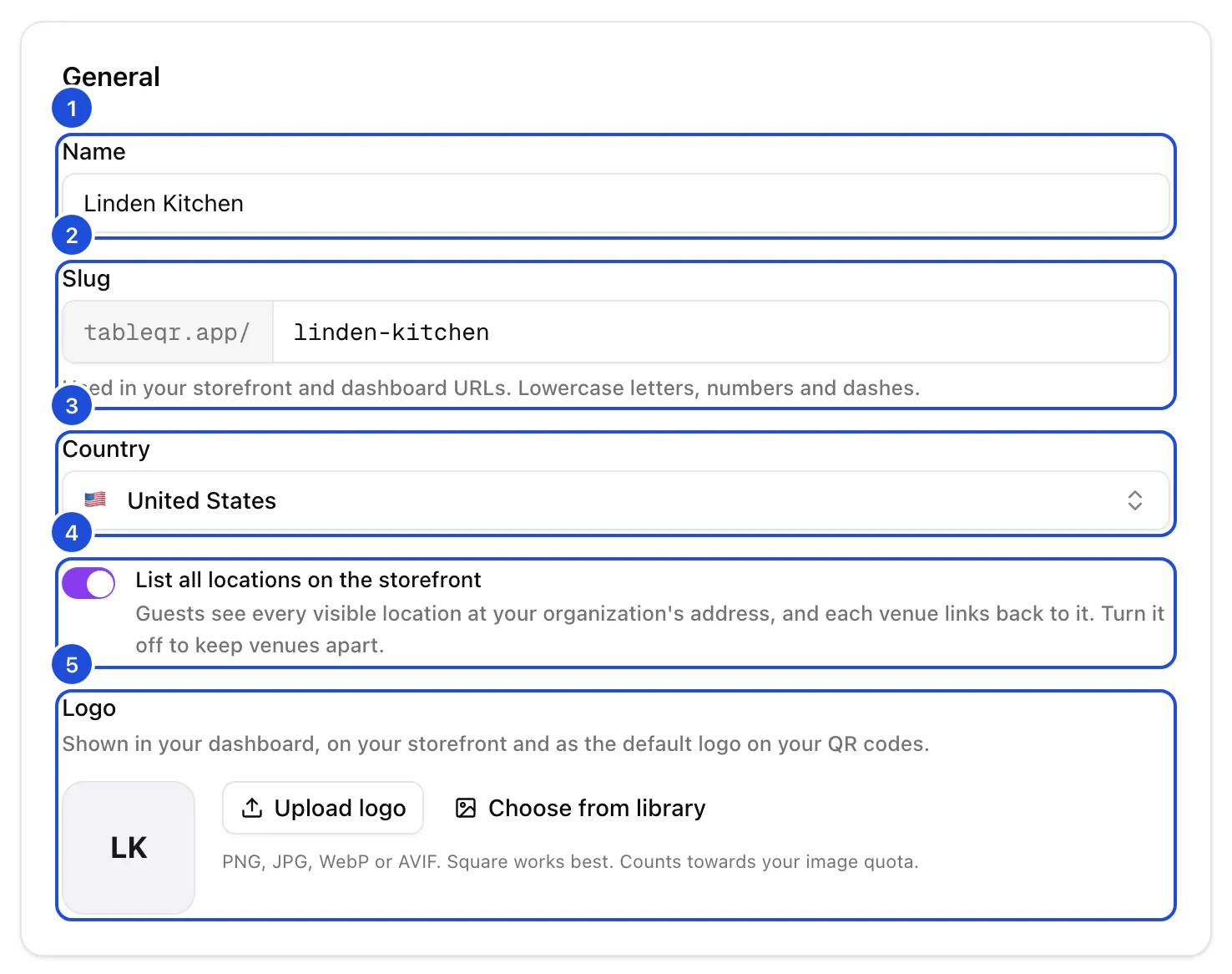 The General section of Linden Kitchen's settings: its name, its link, the United States as its country, the location list switched on and an empty logo.