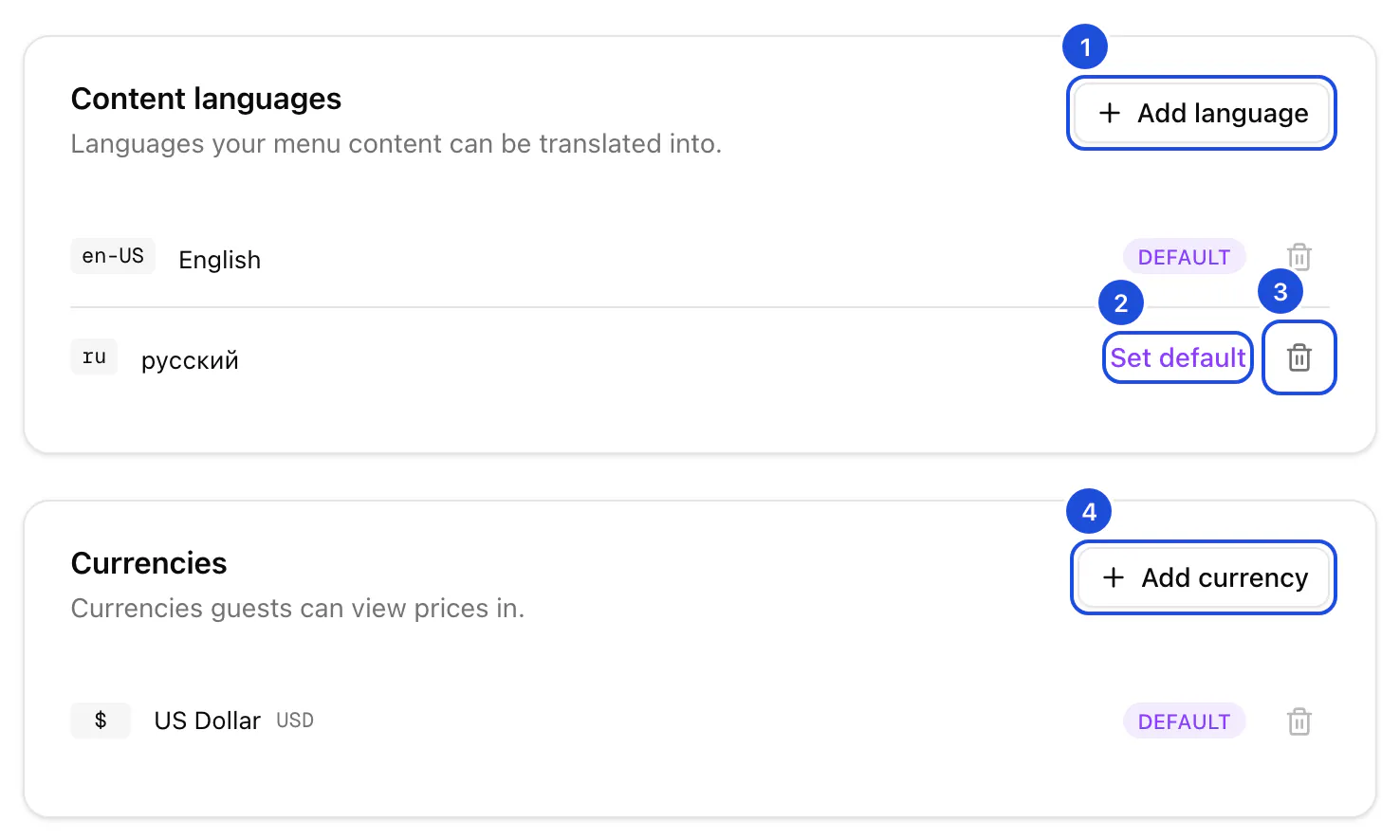 The Localization section: English, the default, and Russian under Content languages; the US dollar, the default, under Currencies.