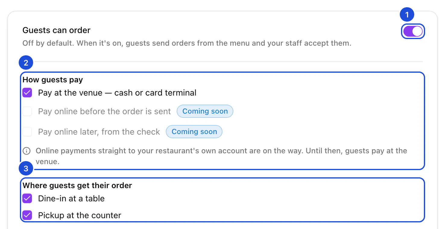 Organization settings, Ordering: ordering switched on, paying at the venue, dine-in and pickup offered.