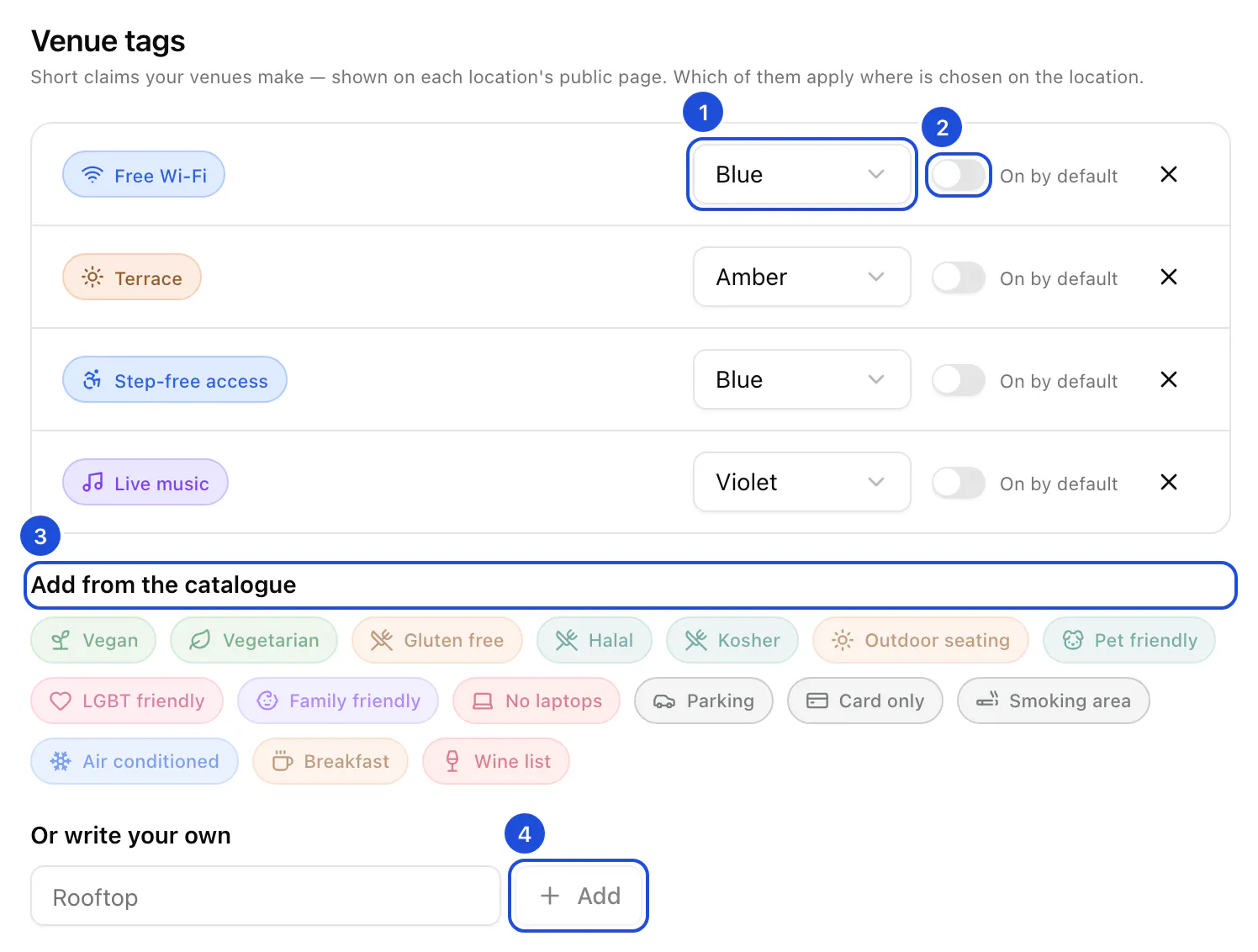Settings, Tags: four venue tags with their colours and default switches, the catalogue of tags still to add and the field to write your own.