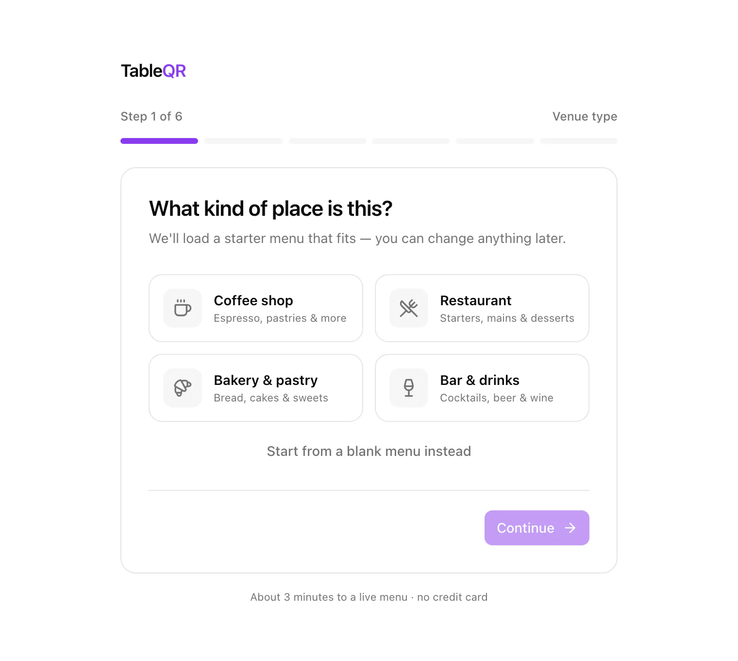 The first step of the setup wizard, step 1 of 6: four kinds of venue to pick from, a link to start from a blank menu, and the Continue button.