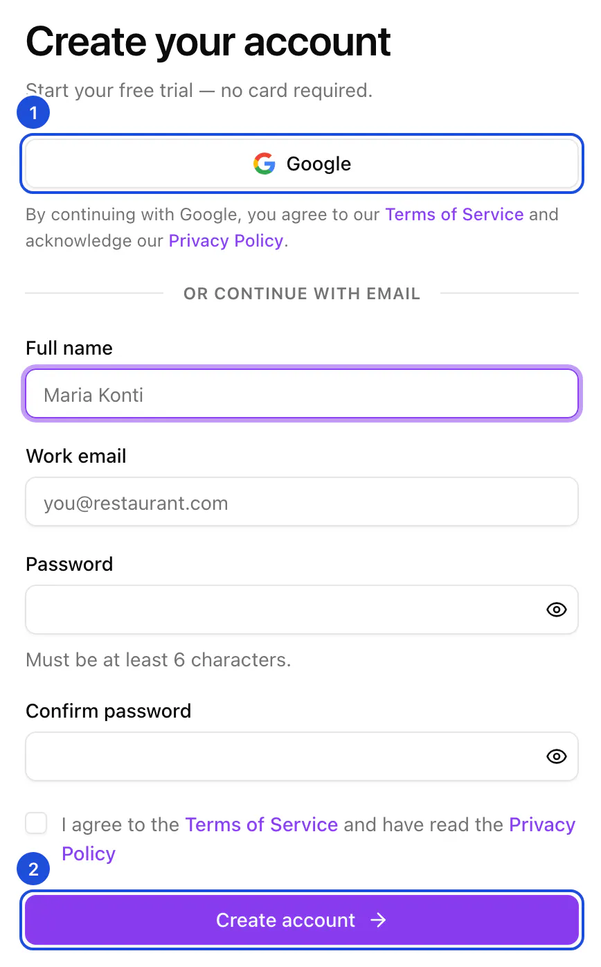 The sign-up form: the Google button, then full name, work email, password, the terms checkbox and the Create account button.