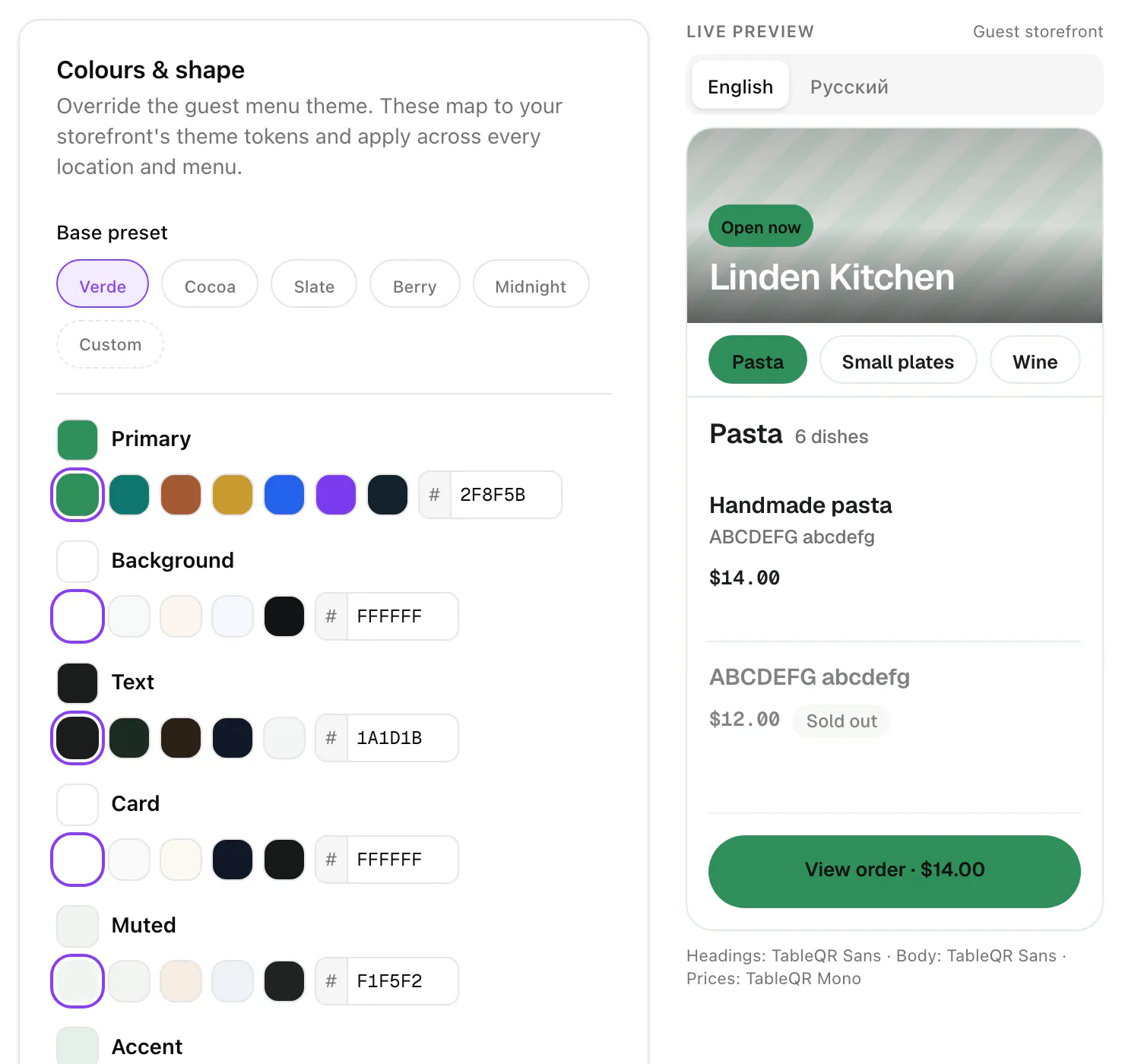 Settings, Appearance: the colour presets, the main colours with their swatches, and a live preview of the guest menu.