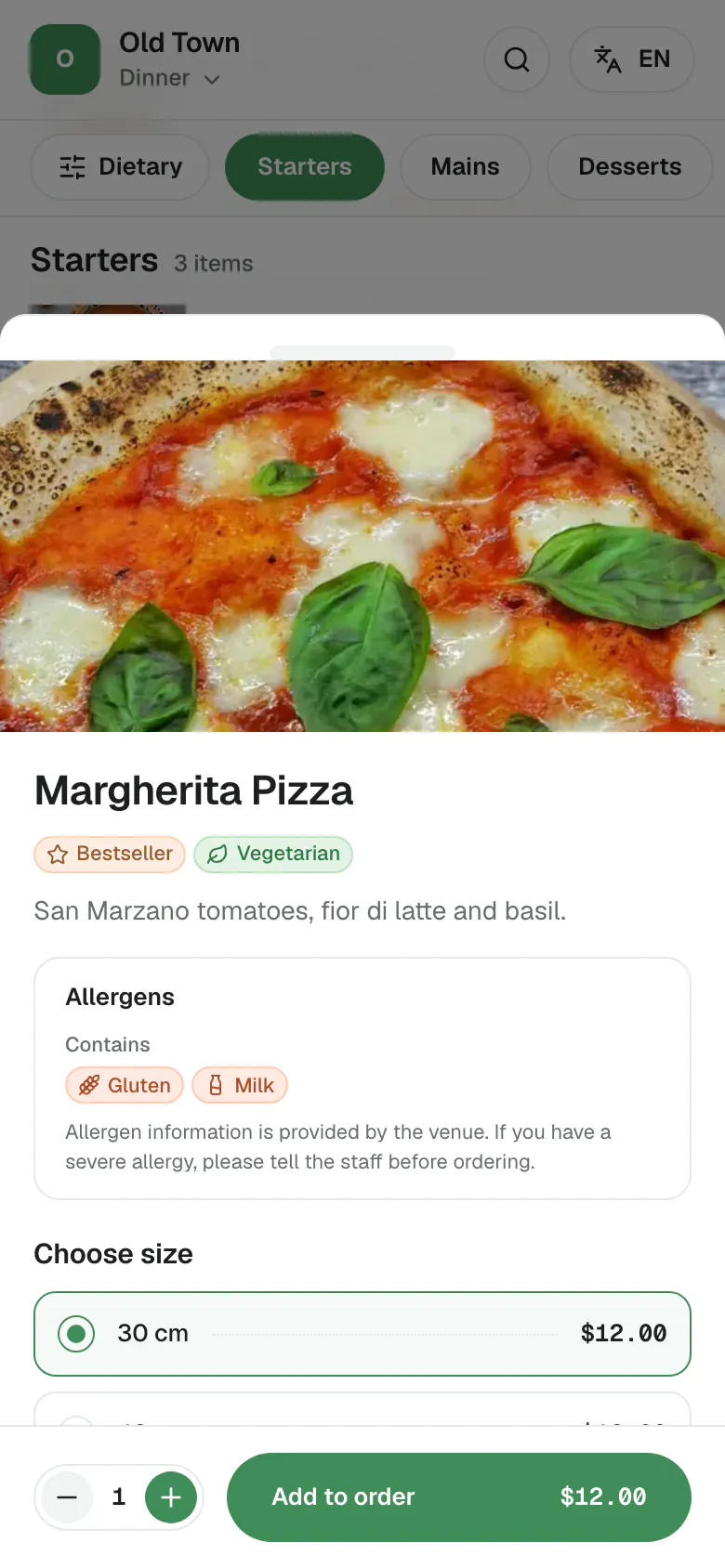 A dish opened on a phone: a large photo, badges and tags, the description, its allergens, the sizes to choose from and the Add to order button.