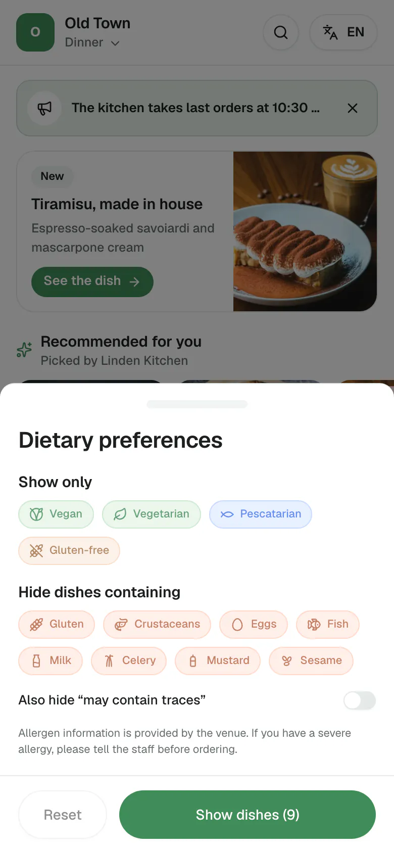 The dietary preferences sheet: dietary tags to show only, allergens to hide, and a switch for traces.