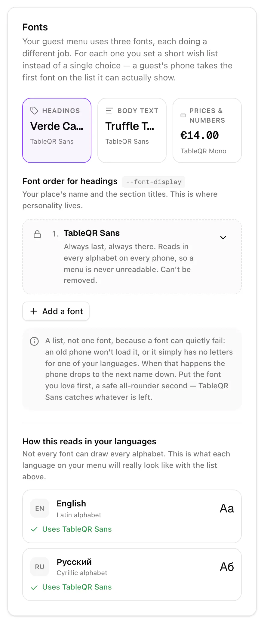 The Fonts card: the three font roles, the font list for headings, and how the menu reads in English and Russian.