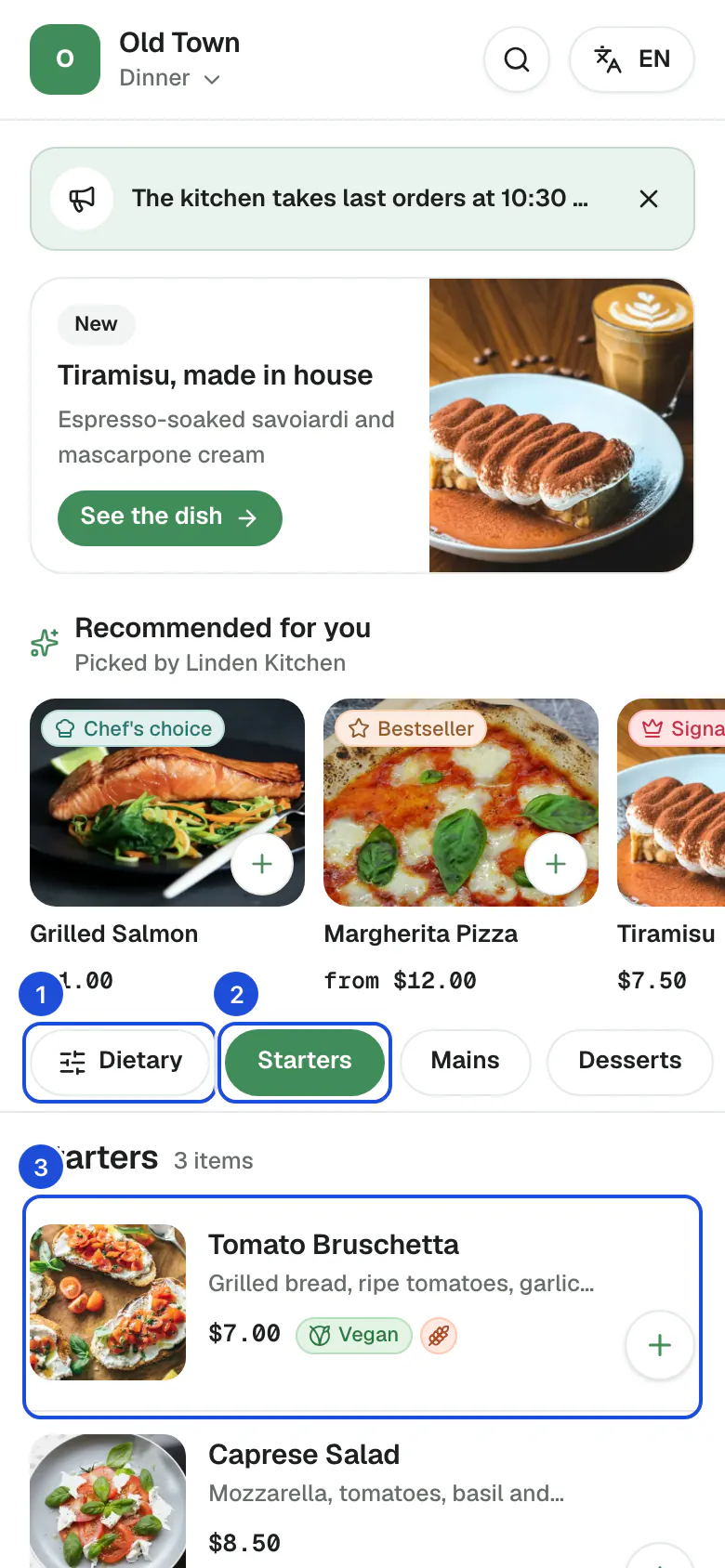 The Old Town dinner menu on a phone: the header, a banner, an offer and recommended dishes at the top, then the dietary filter, the category chips and the first dish card.