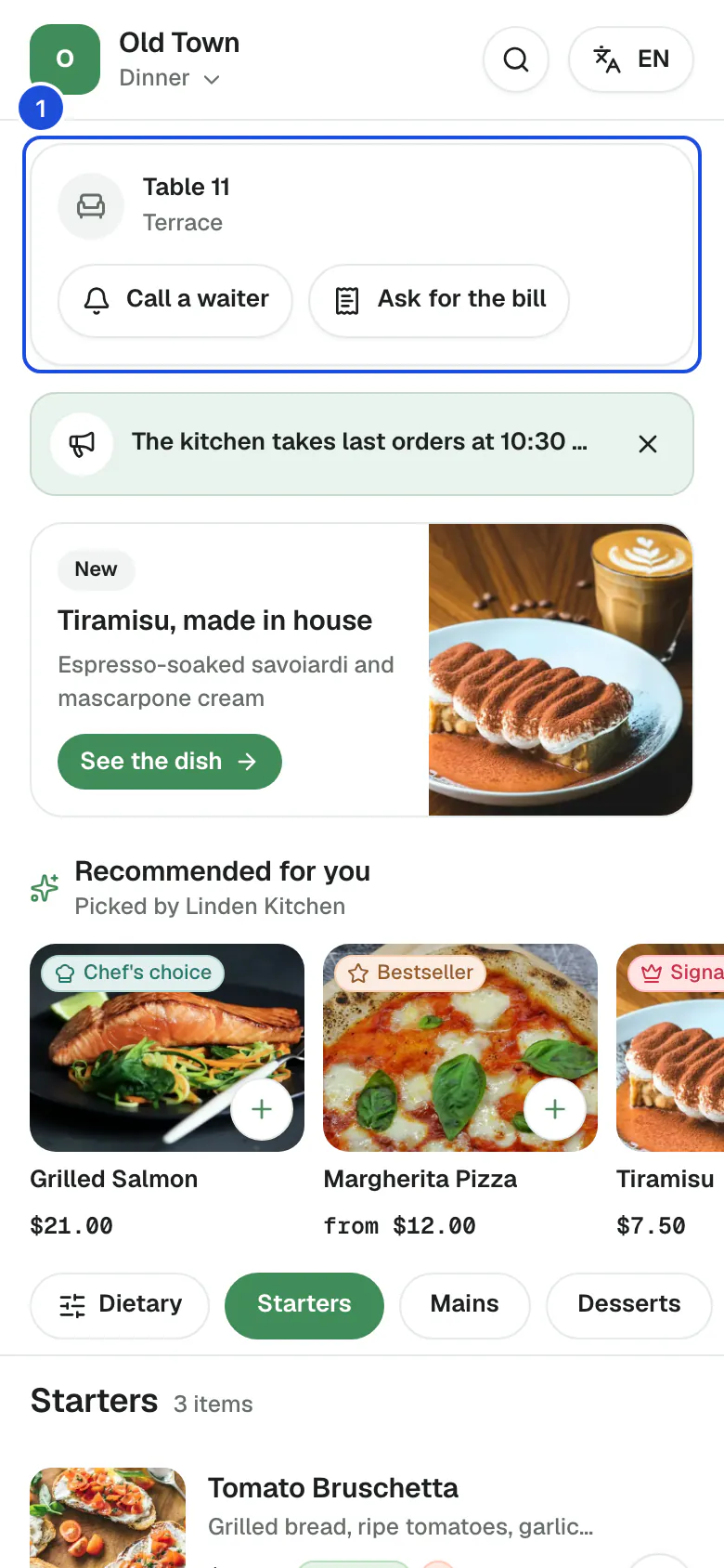 The Old Town dinner menu on a guest's phone: dishes with photos, prices and dietary tags.