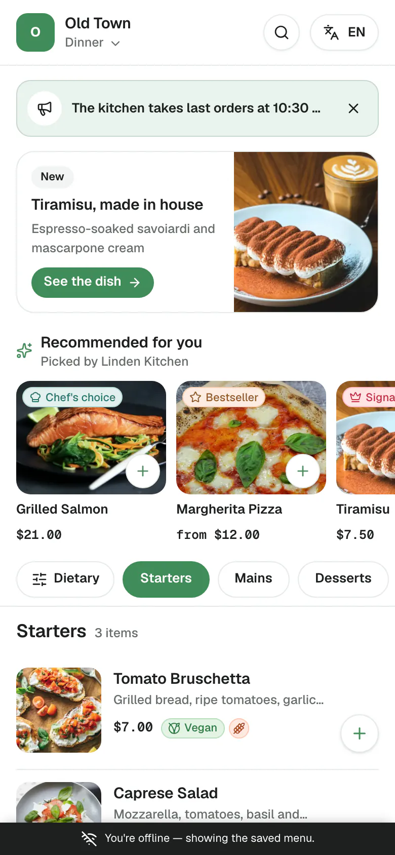 The guest menu on a phone with no connection: the dishes are still shown, and a bar at the bottom says the guest is offline and seeing the saved menu.