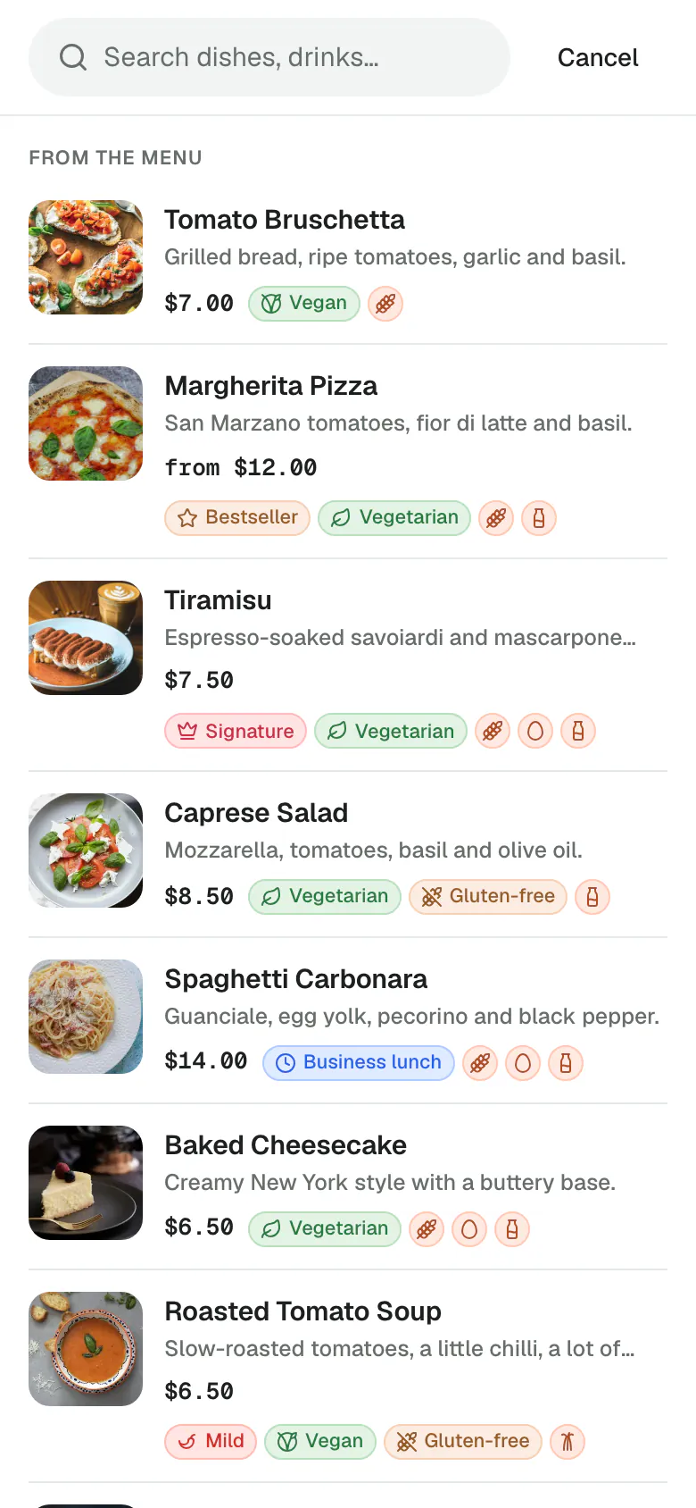Search open on a phone, suggesting dishes from the menu before anything is typed.