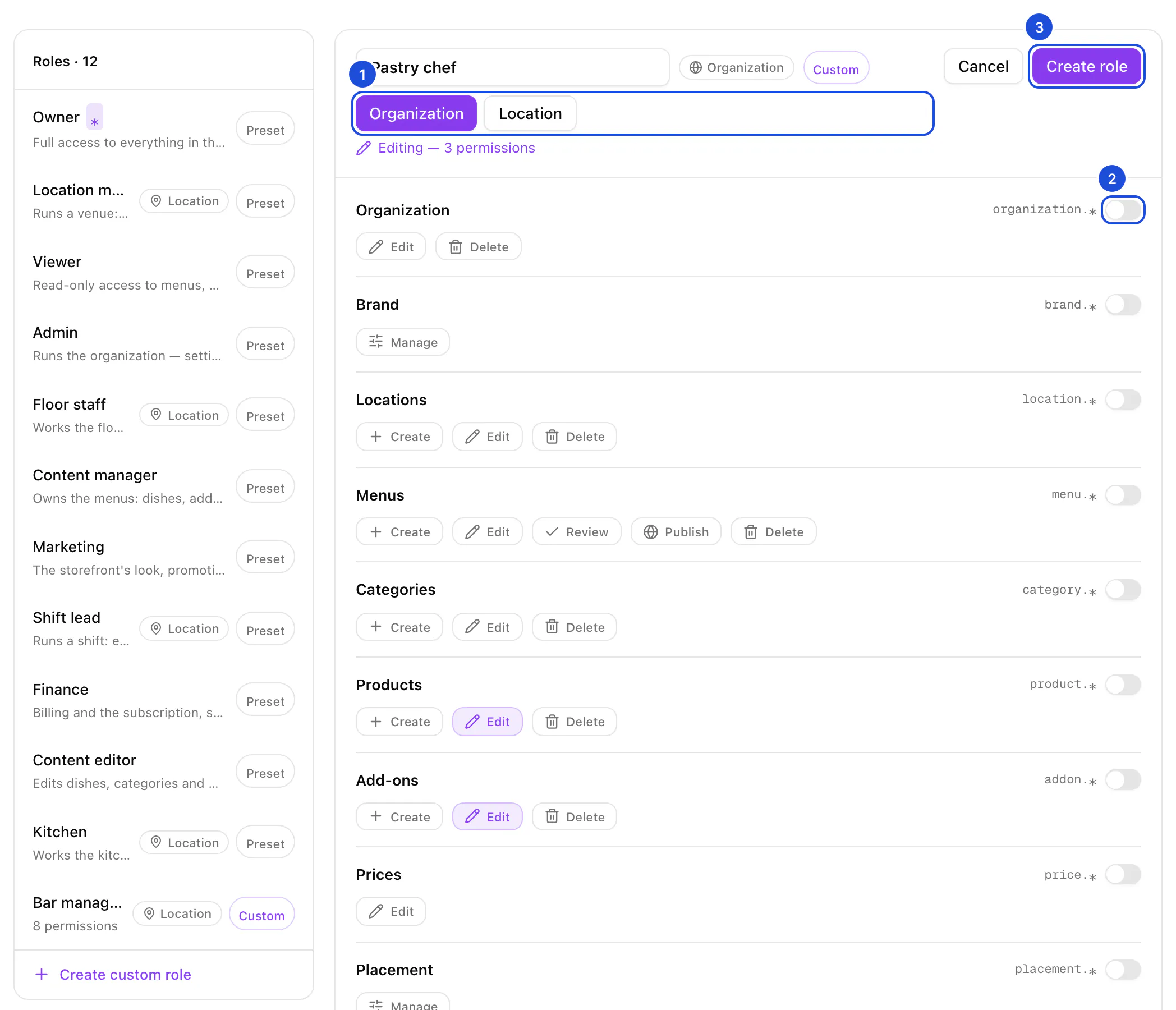 A new organization role being drafted: its name typed, the Organization and Location choice, the permission groups with three actions picked, and the Create role button.