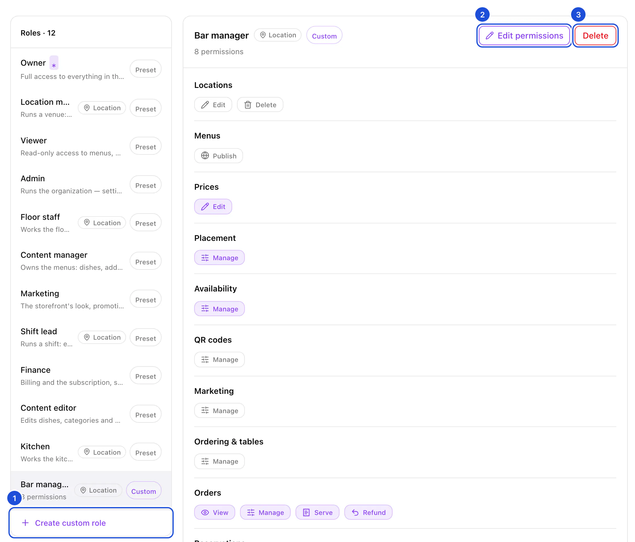 The Roles tab with the custom Bar manager role selected: a location role with its permissions, the Edit permissions and Delete buttons.