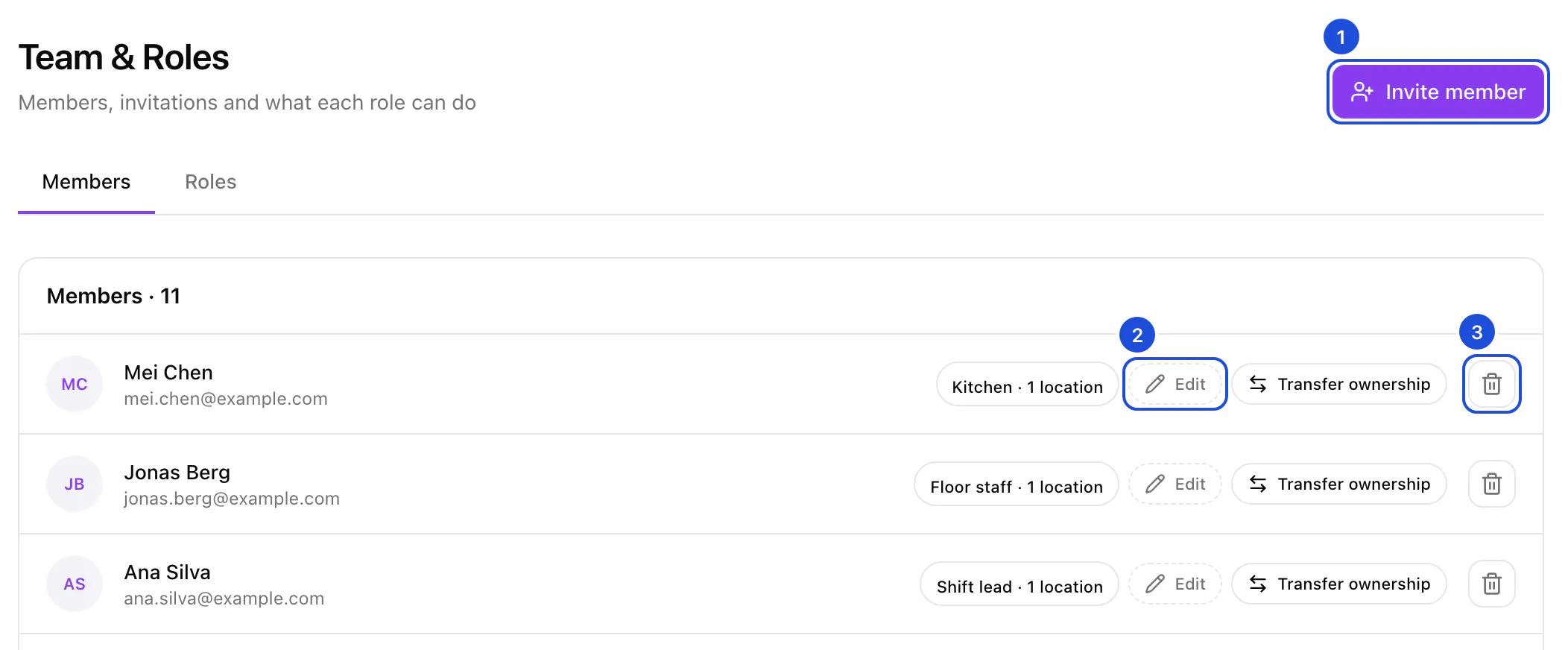 The Team page's Members tab: the Invite member button and the first members with their roles, an Edit button and a remove button on each row.