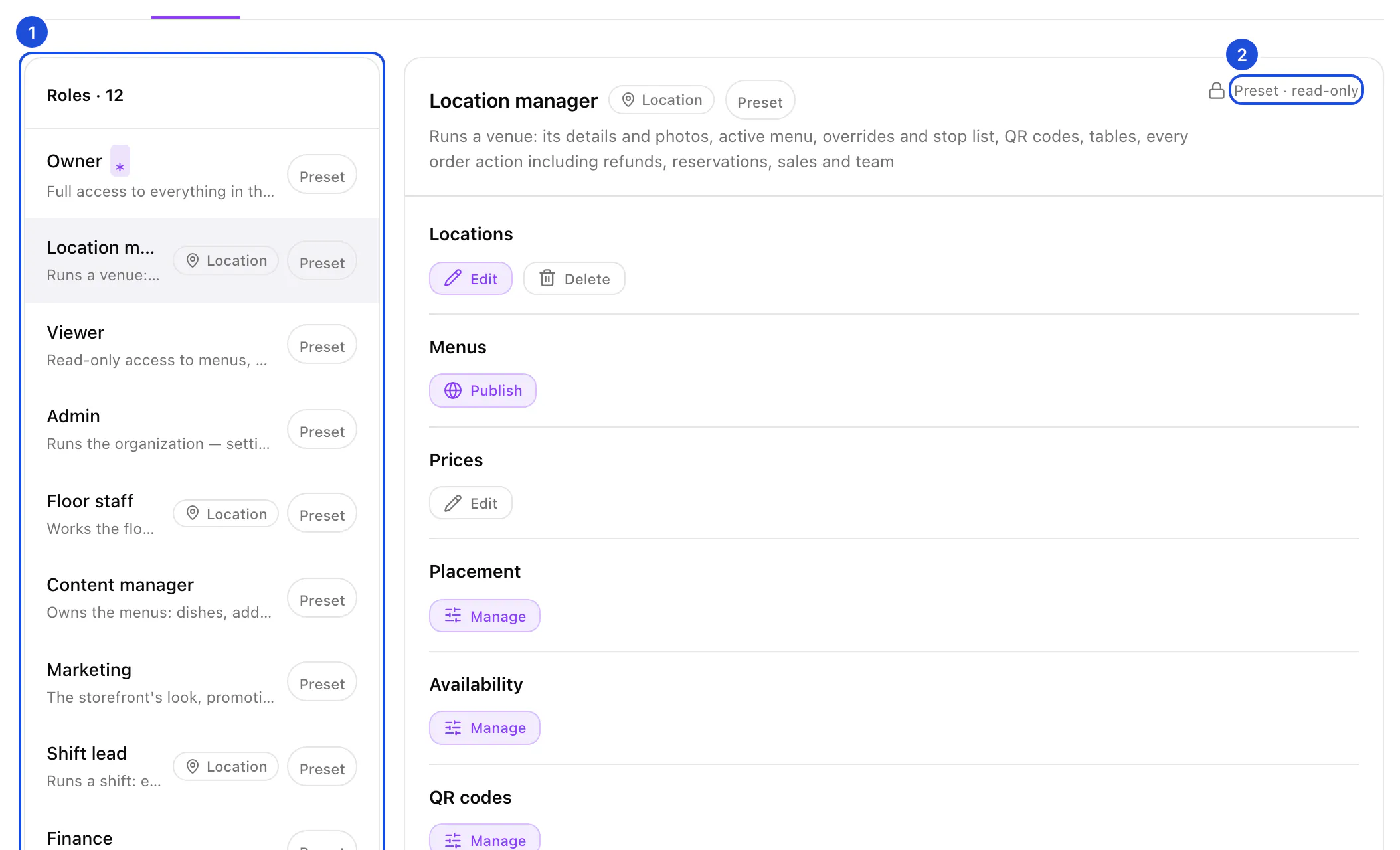 The Roles tab: the list of preset roles with Location manager selected, its permissions shown on the right and marked read-only.
