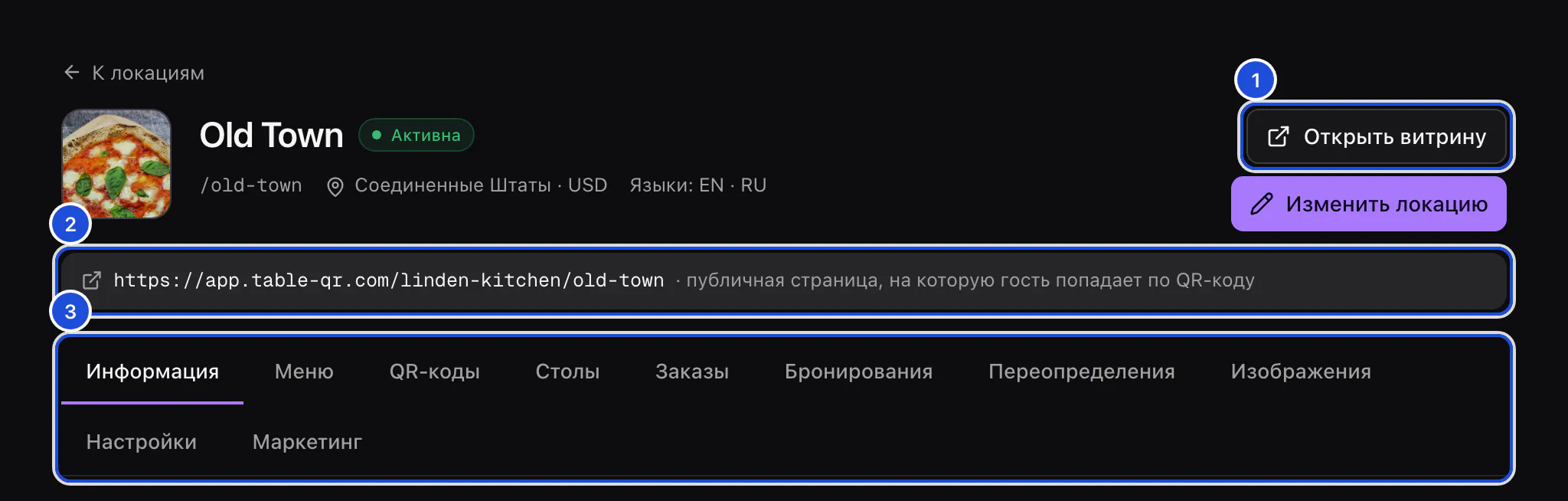 Верх страницы Old Town: фото, название и статус, адрес, страна, валюта и языки, адрес для гостей и ряд вкладок.
