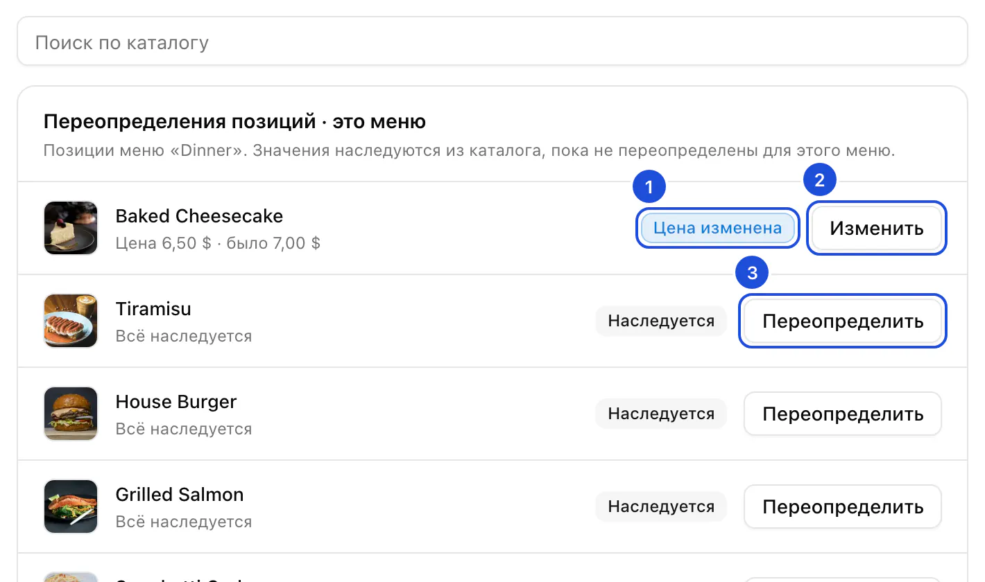Вкладка «Изменения блюд» меню Dinner: у Baked Cheesecake в этом меню своя цена, остальные блюда всё наследуют.